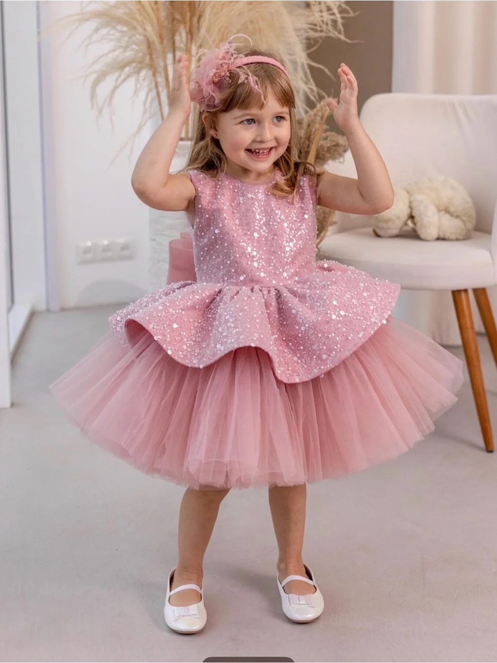 Girls Pink Sequin Tulle Party Dress - Brand